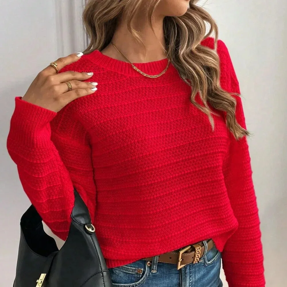 Red Casual Women's Elegant Bowknot Decor Drop Shoulder Sweater